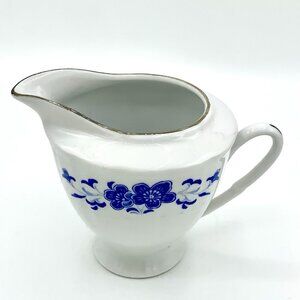 Vintage Chinese Porcelain Blue Flower Pattern Creamer Bowl Silver Rim Coffee Tea
